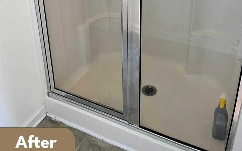 Glass shower door cleaned by Lara Maids, after