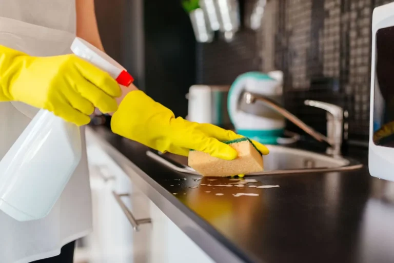 Kitchen counter sanitized during an Airbnb turnover in Cary, NC