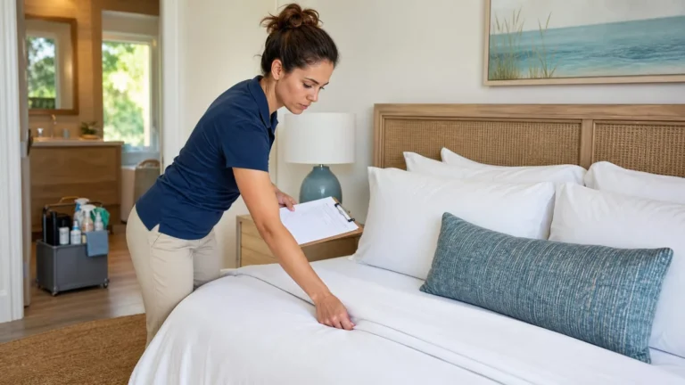 Cleaner checking the turnover checklist while making the bed in Raleigh, NC