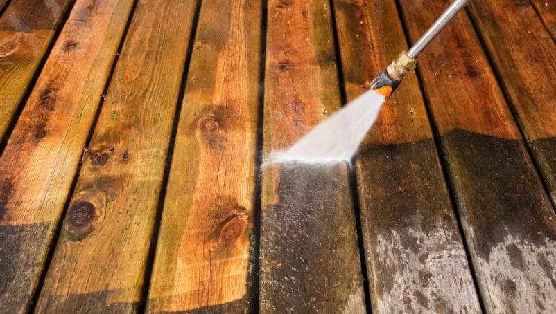Wood deck power washing, before and after, in Apex, NC