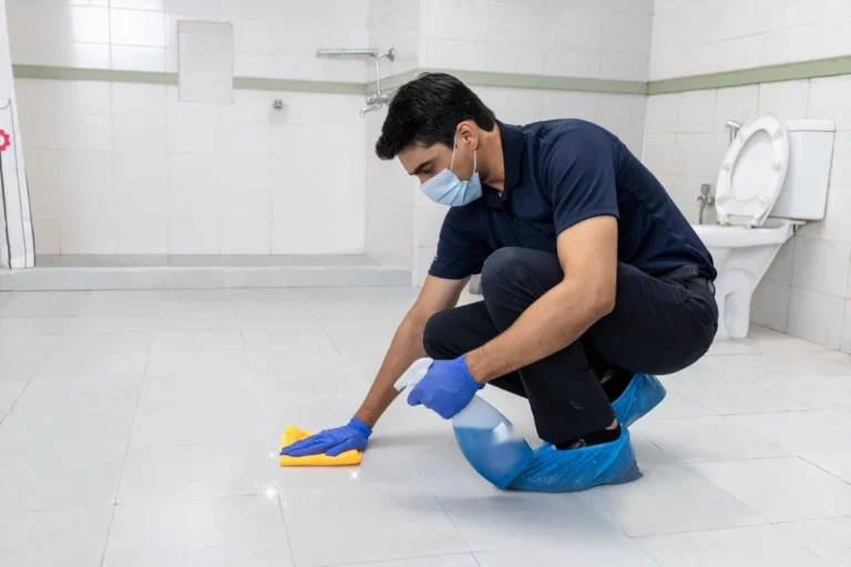 Bathroom floor detailed by hand during a deep clean in Cary, NC