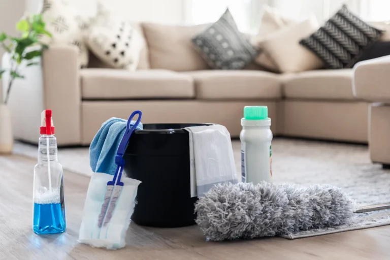 Deep cleaning supplies ready in a Durham, NC living room