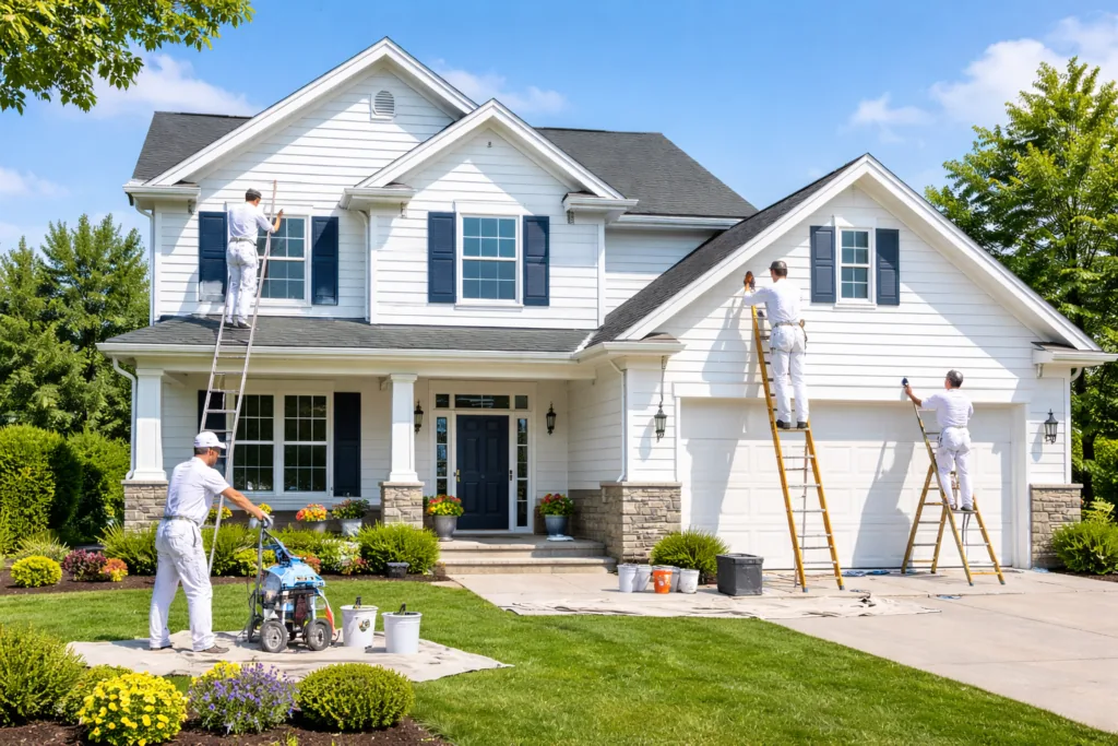 Painting crew working on a white two-story home in Morrisville, NC