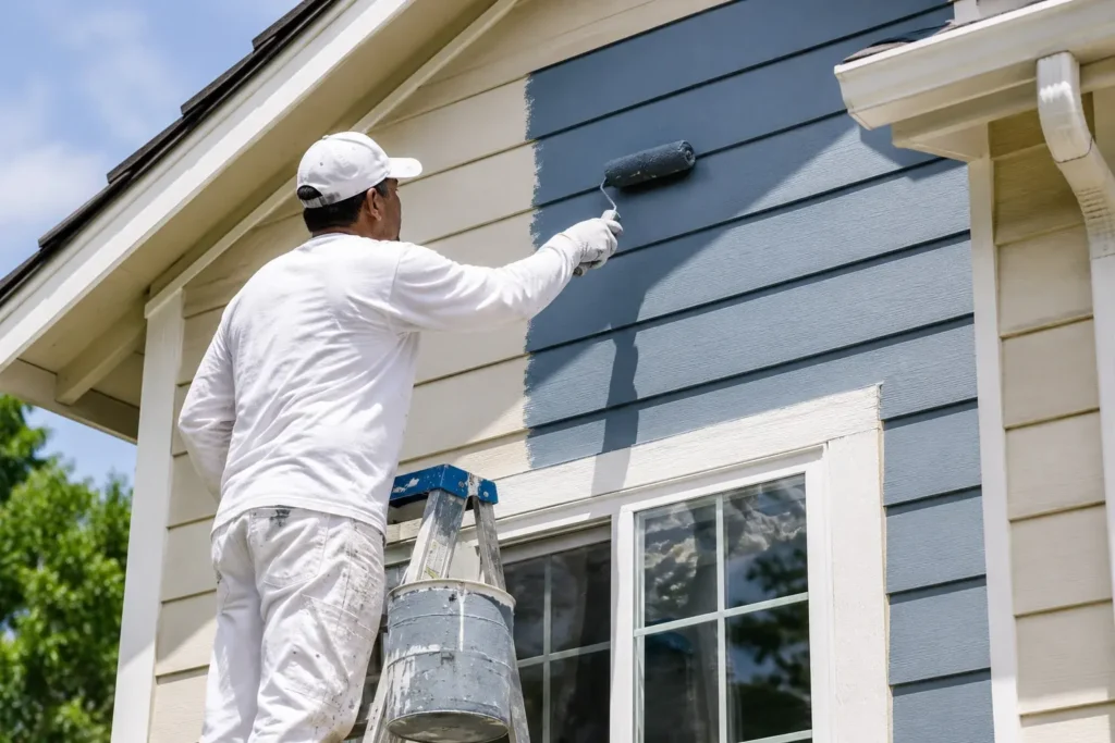 Painter rolling new color on house siding in Raleigh, NC