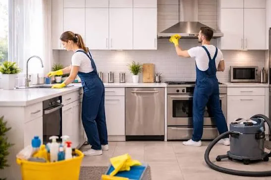 Two cleaners deep cleaning a kitchen in Holly Springs, NC