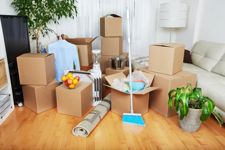 Living room with moving boxes before a move-in clean in Cary, NC