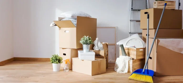 Moving boxes and cleaning supplies ready for a move-out clean in Raleigh, NC
