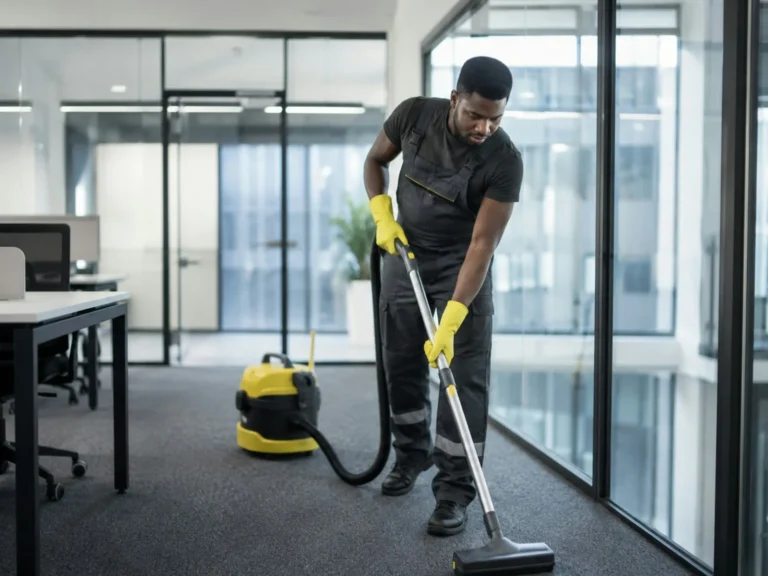 Office cleaner vacuuming the carpet in a Raleigh, NC office