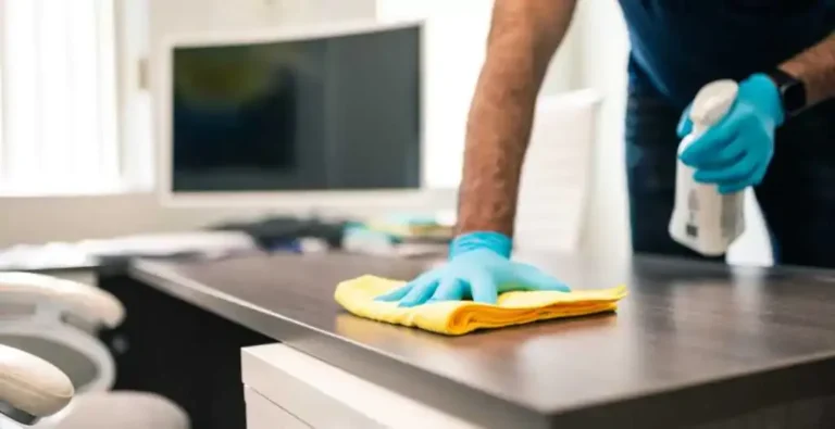 Office desk sanitized during commercial cleaning in Morrisville, NC