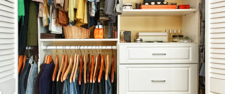 Reach-in closet organized with wood hangers and drawers in Fuquay-Varina, NC