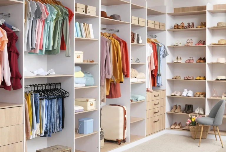 Walk-in closet with shoes, bags and clothes organized in Raleigh, NC