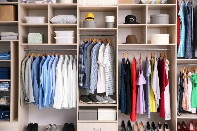 Wardrobe organized with shirts by color and storage boxes in Morrisville, NC
