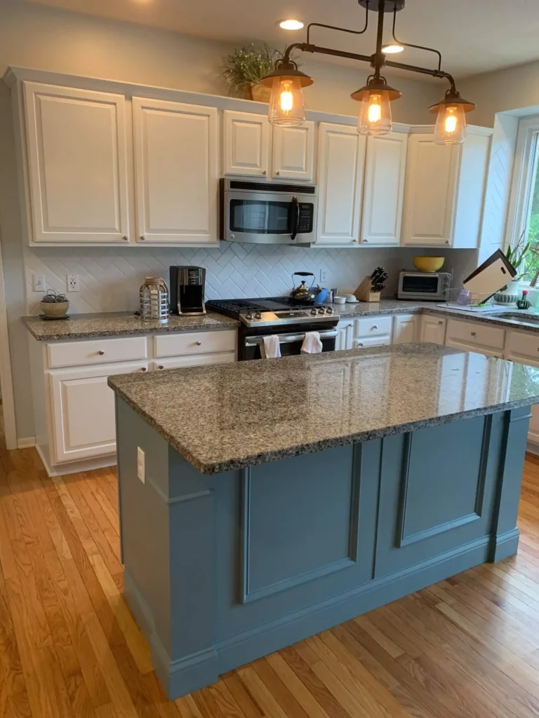 White painted cabinets with a blue painted island in Cary, NC