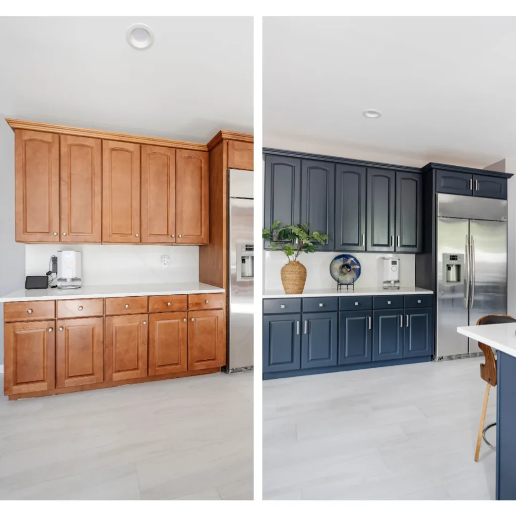 Wood cabinets painted navy blue, before and after, in Apex, NC