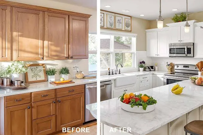 Wood kitchen cabinets painted white, before and after, in Raleigh, NC